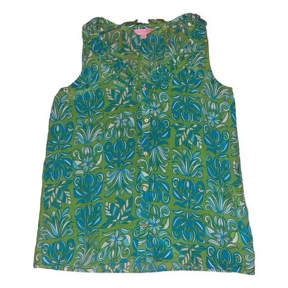 Lilly Pulitzer green blue floral 100% silk ruffle collar blouse women’s size 8 - Picture 1 of 7